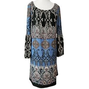 Lady's World Shift Dress Size XL Floral Paisley Print Long Sleeves Boho Stretchy